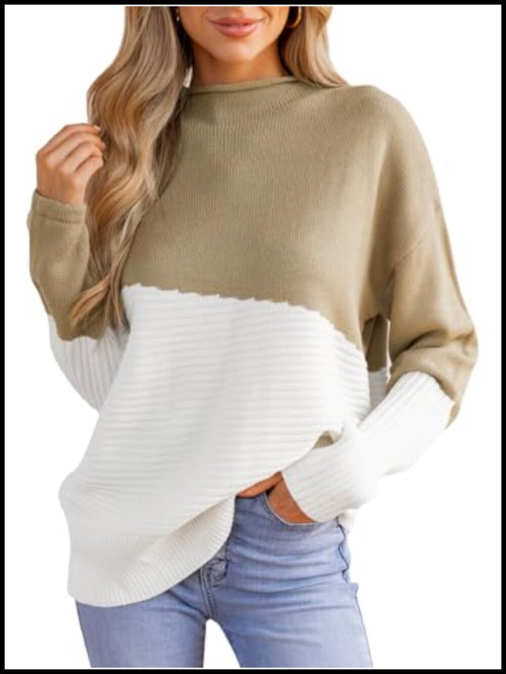 Mock Neck Colorblock Oversized Knit Pullover Sweater Fall Long Sleeve
